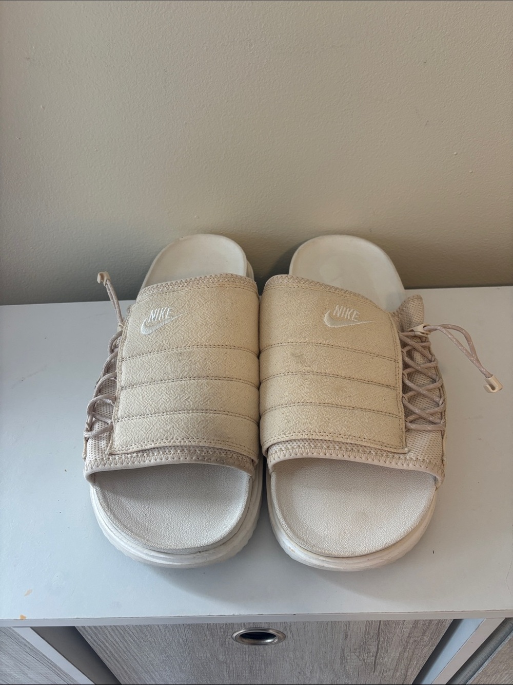 Nike Beige Men’s Quilted Slide Sandals with Side Lace Detail